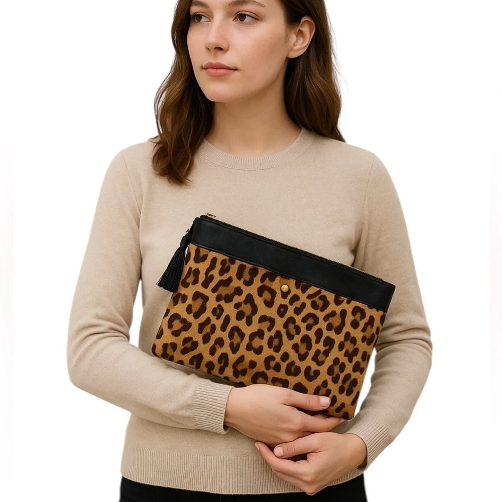 J. Crew Calfskin and Leather Clutch Zipper Pouch Black